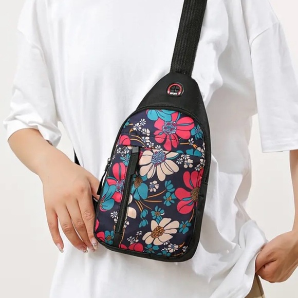 Floral Crossbody Chest Bag - Navy Blue Pink Teal Beige Black & Orange Colors - Picture 2 of 6